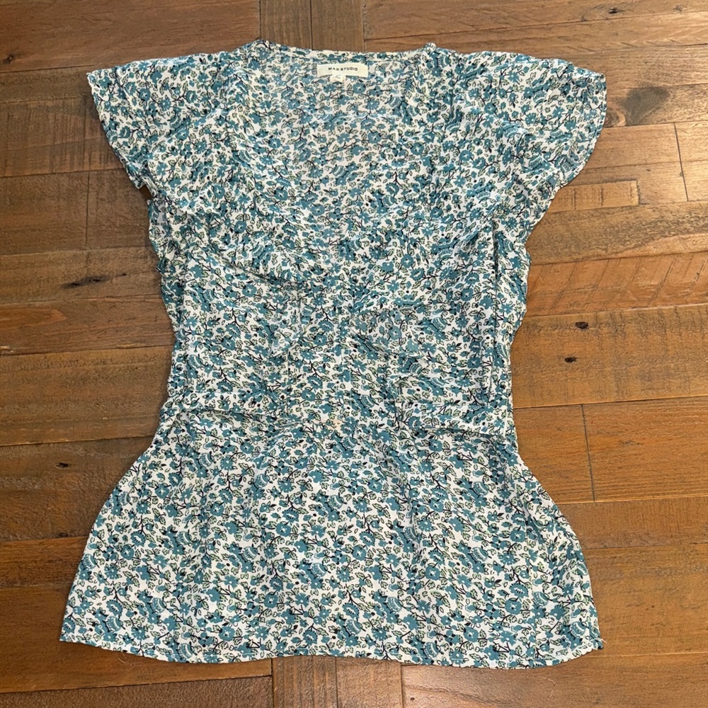 Max Studio XS Teal and White Floral Cap-Sleeve Top with Tie Waist